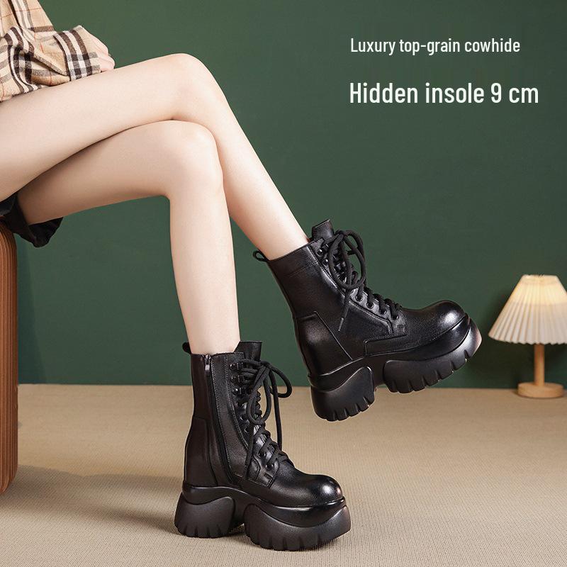 Women's Small Leather Martin Boots - Black British Style, High-Heel, Short, 2025 Autumn/Winter