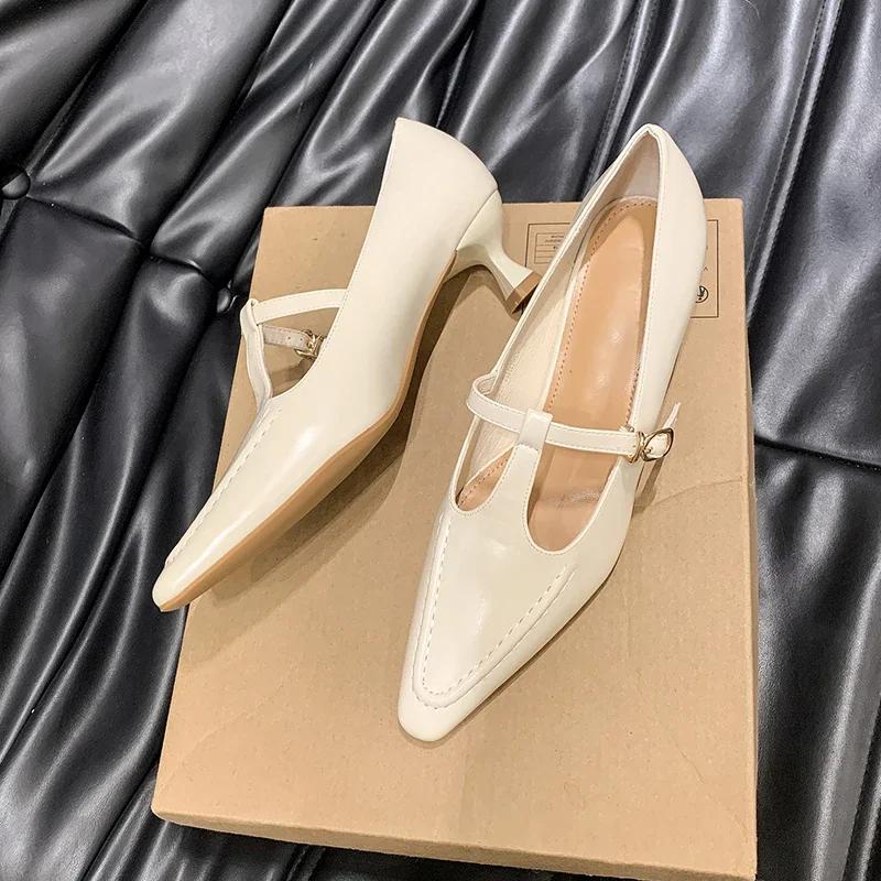 

Тонкий каблук с острым носком и пряжкой посередине, водонепроницаемая платформа, модные универсальные удобные нескользящие дышащие женские одинарные туфли 35 бежевый