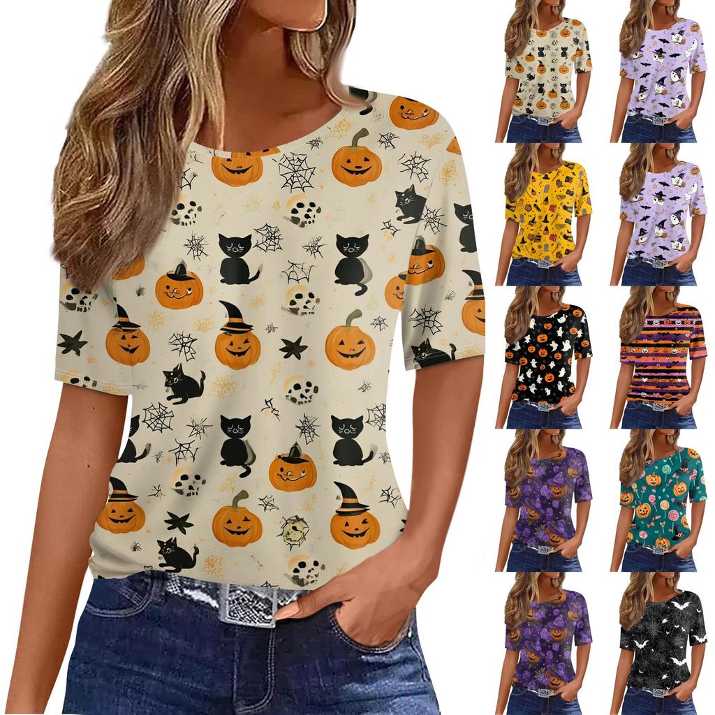 Women's Casual Short Sleeve Pullover Top Halloween Bat Pumpkin Print Round Neck Lightweight Shirt for Everyday Wear