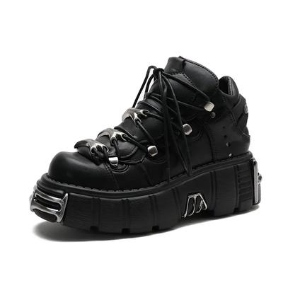 Marque de Mode Style Punk Chaussures Femme Lacets hauteur de talon 6CM Chaussures à Plateforme Femme Bottines Cheville Gothique Décor Métal Baskets Femme