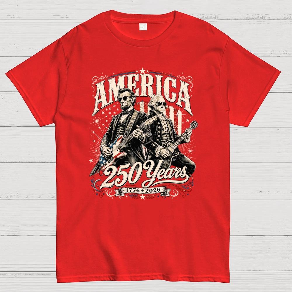 250 Years America Anniversary George Washington & Lincoln Playing Guitar Funny 4th of July Cotton Casual Cool Loose T-Shirt