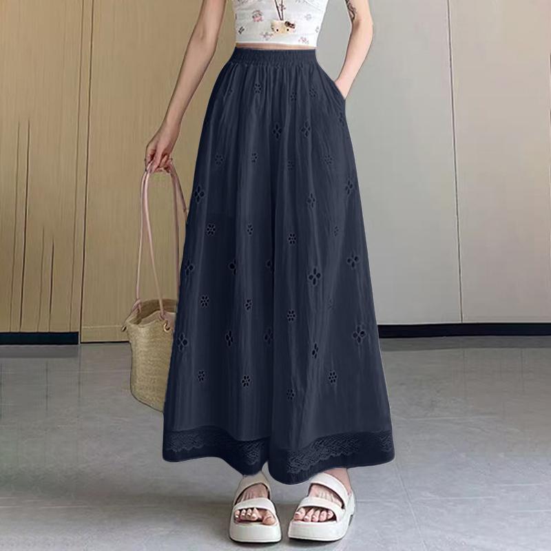 

ZANZEA Женские повседневные брюки с эластичной талией, свободные, с лоскутной вставкой из крючка, с широкими штанинами 4XL темно-синий