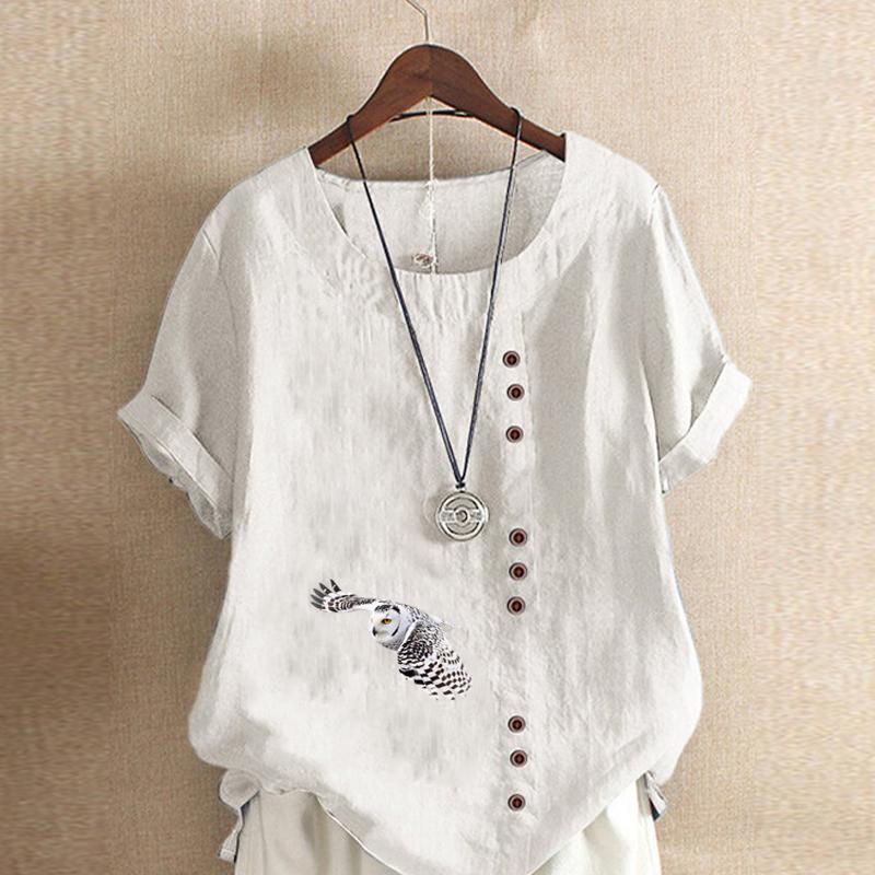 Women's Fashion Owl Prined Round Neck Short Sleeve T-shirt Casual Cotton Linen Graphic Shirt Leisure Loose Summer Blouse Tops