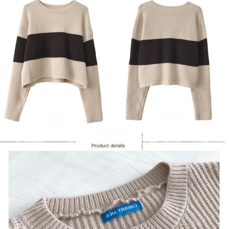 Women's Skirt Suit Striped Color-blocked Sweater Pleated Skirt Two-piece Set Spring  Autumn Pullover Sweater Short JK Skirt Set Outfits