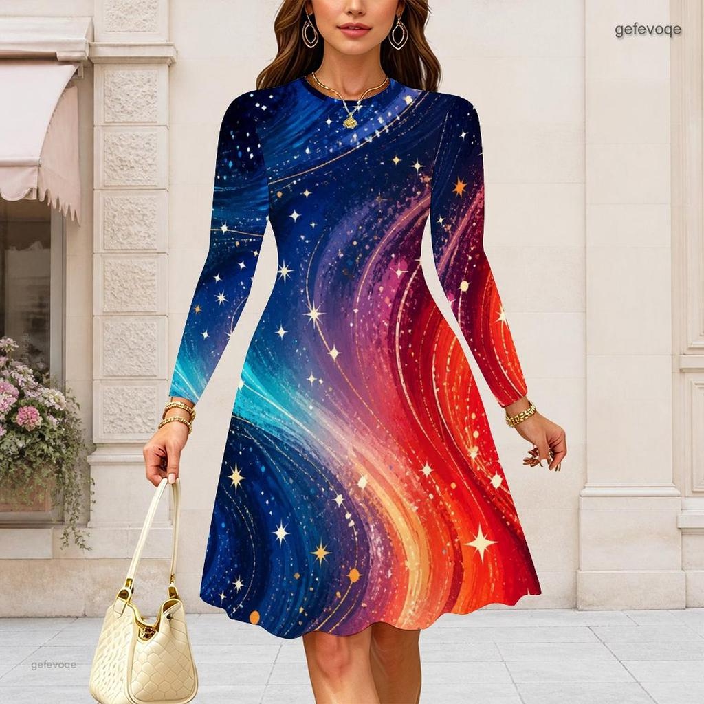 Women Plus Size Round Neck Long Sleeve Swing Midi Dress Space Galaxy Golden Textured Heart Print High Waist Dress