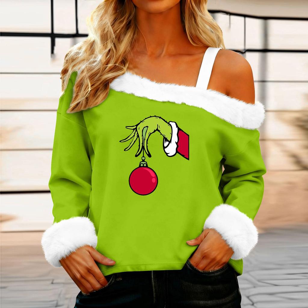 Women's Casual Fashion Sexy Off-Shoulder Collar Christmas Pattern Long Sleeve Crewneck T-Shirt Top