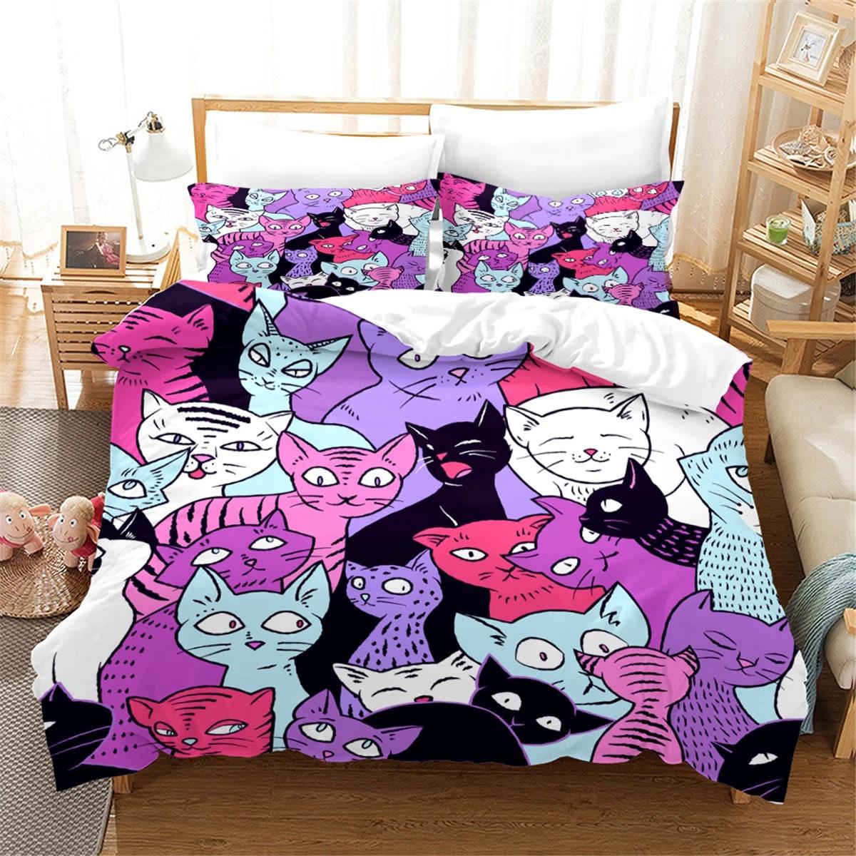 

Colorful Cartoon Cats Bedding Set, Soft Duvet Cover, Bold Bed Cover & Home Decor, Fun Gift for Single/Double/Queen/King Size Beds Baby 100x135cm