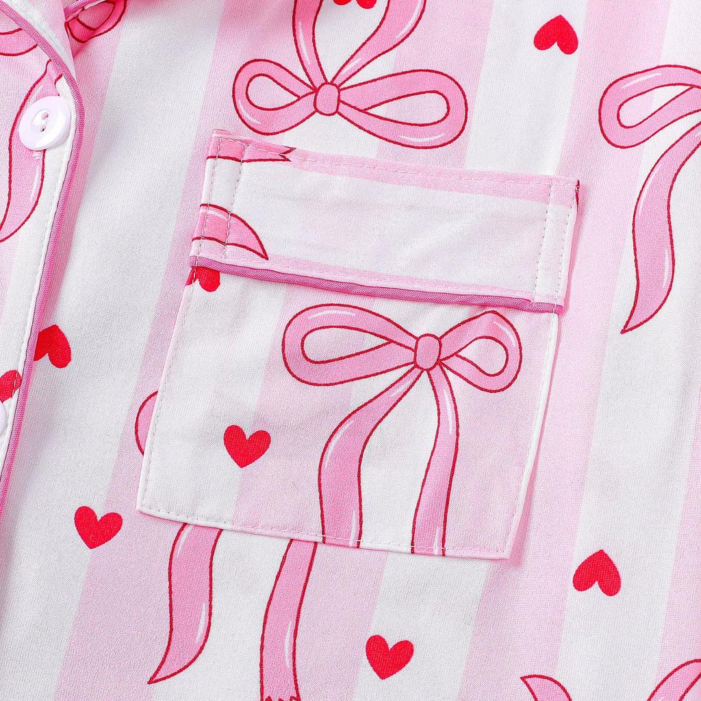 European and American Women's Bow Print Lapel Short Sleeve Pajama Set