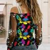 Plus Size Women Slanted Shoulder Long Sleeve Top Boho Abstract Floral Print Mesh Lace Splicing Blouse