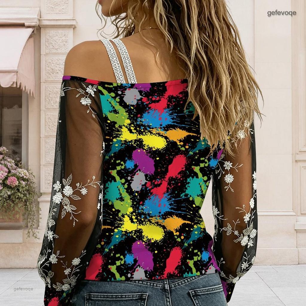Plus Size Women Slanted Shoulder Long Sleeve Top Boho Abstract Floral Print Mesh Lace Splicing Blouse