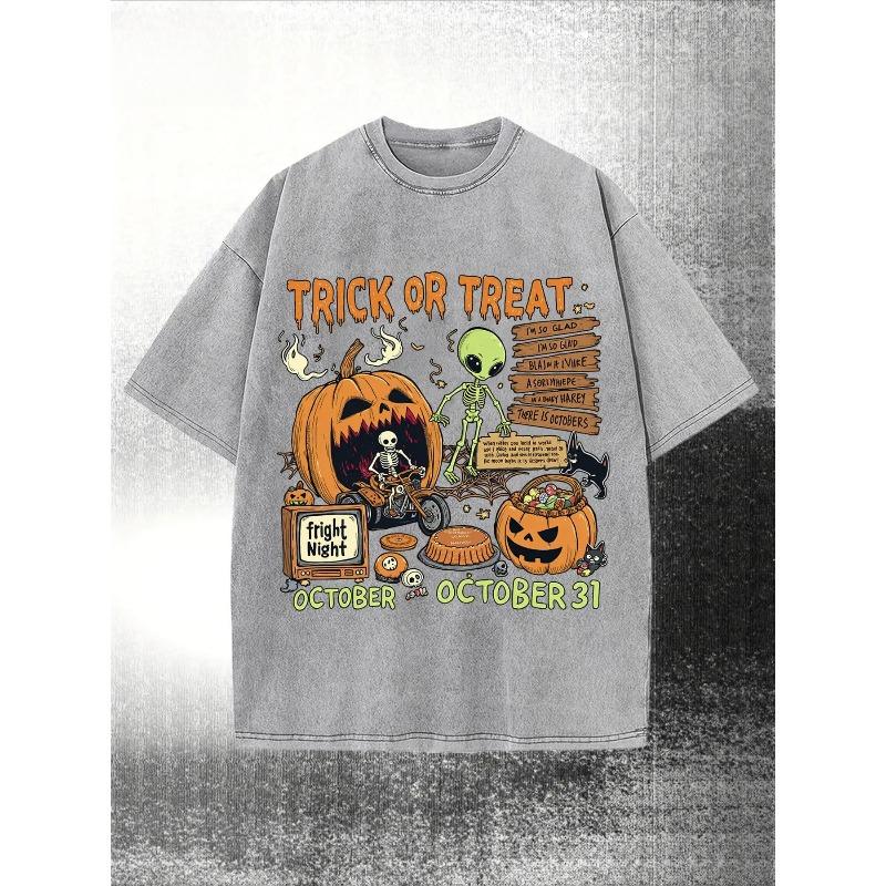 

European Size Men S Heavyweight Vintage Washed Halloween T-Shirt - Alien, & Horror Graphic Print with Trick Treat Lettering, Jack-O-Lanterns 5XL