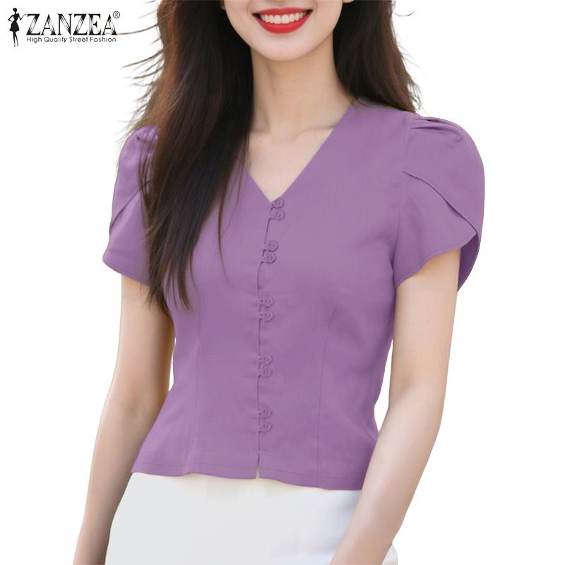 ZANZEA Women Casual V-Neck Summer Short Sleeve Plain Blouse