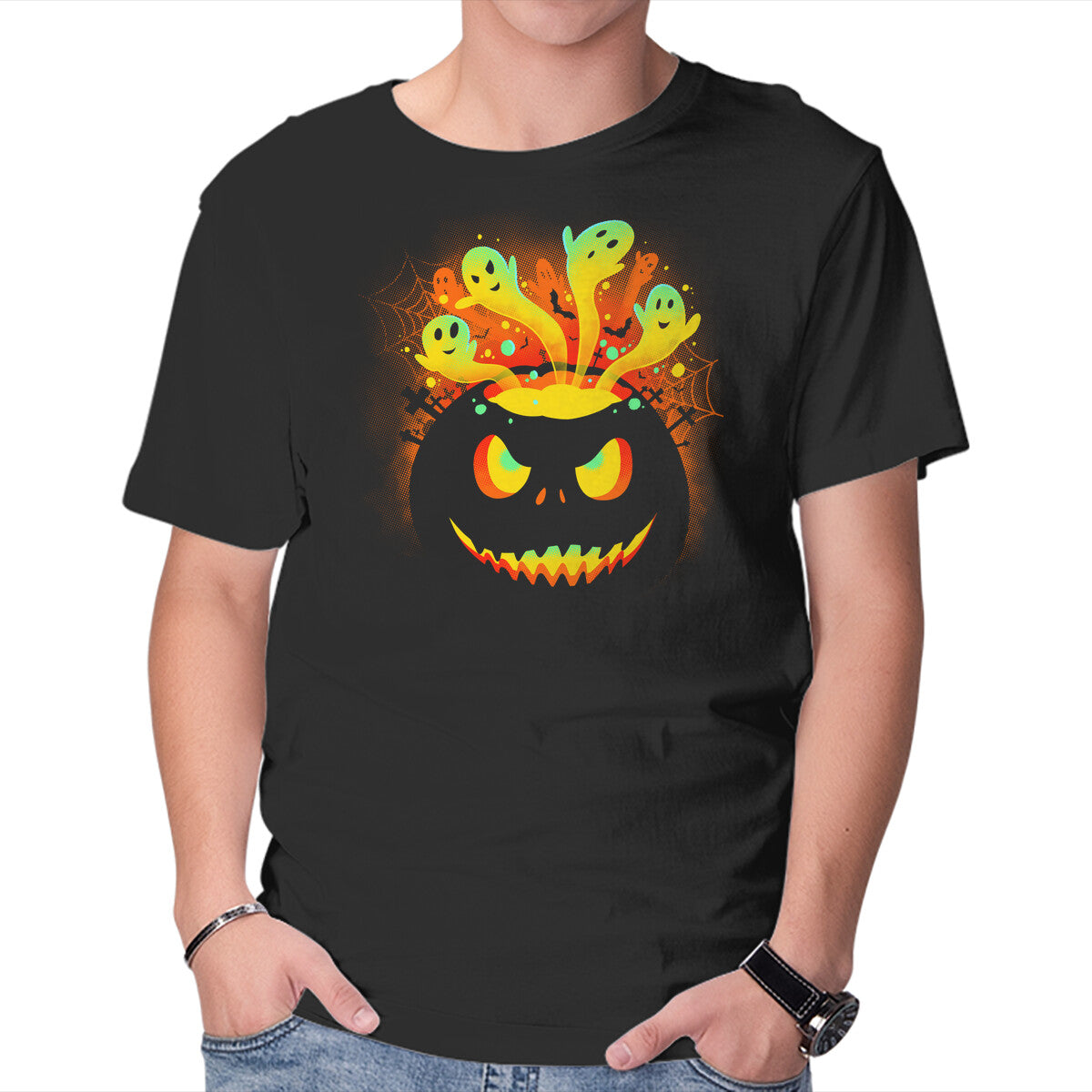 Unisex Crew Neck T-Shirt Pumpkin Ghosts Graphic Short Sleeve Casual Tee L