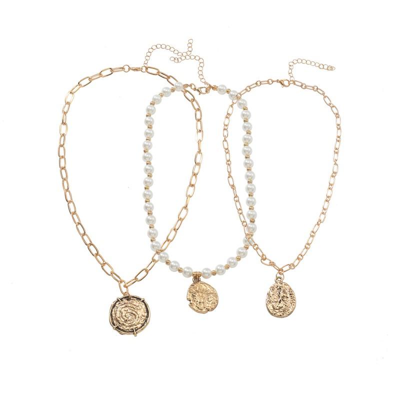 Layered Gold-Tone Alloy Necklace Set With Multi-Row Imitation Pearl Coin Pendants Women Geometric Chic Statement Jewelry