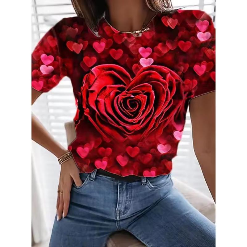 Dame 3D T-skjorte Tee Rose Floral Casual Ferie Print Kort Erm Mote Rund Hals Sommer&Vår Harajuku T-skjorter for Jenter