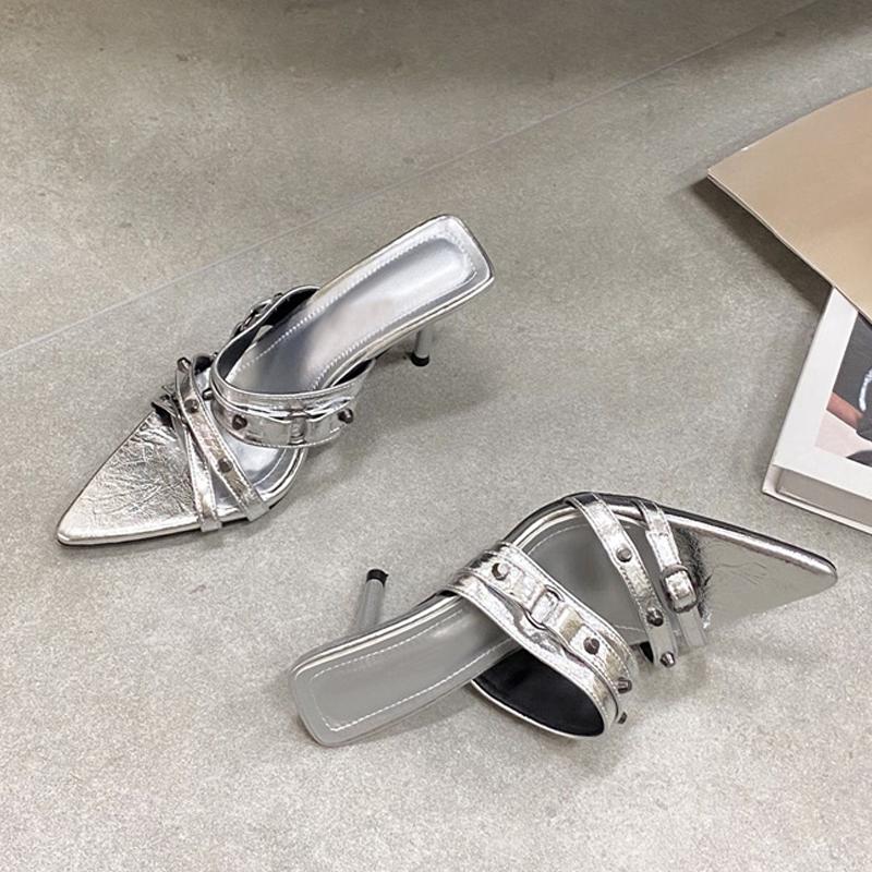 Fashion Liyke Woman Designer Metal Rivet Narrow Band Pointed Toe Low Thin Heels Slippers Sandals Summer Party Dress Shoes Mules Slides