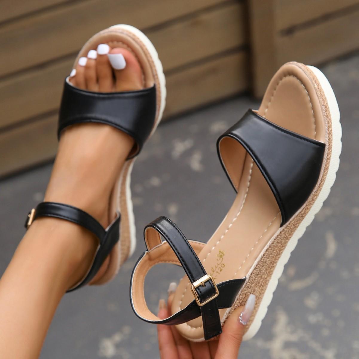 

Сандалии на покатом каблуке женские с пряжкой модные сандалии с толстой подошвой 38 чёрный