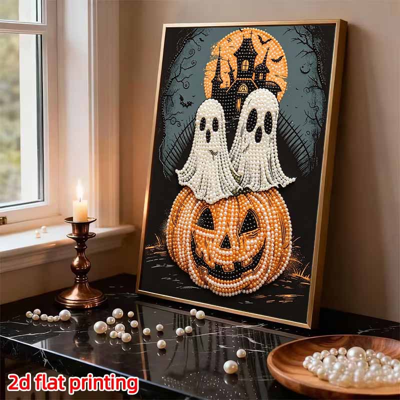 Frameless Pearl Painting Kit Pumpkin Ghost Castle Pattern DIY Shiny Bead Canvas Creative Craft for Adults Home Decor Festival Ornament
