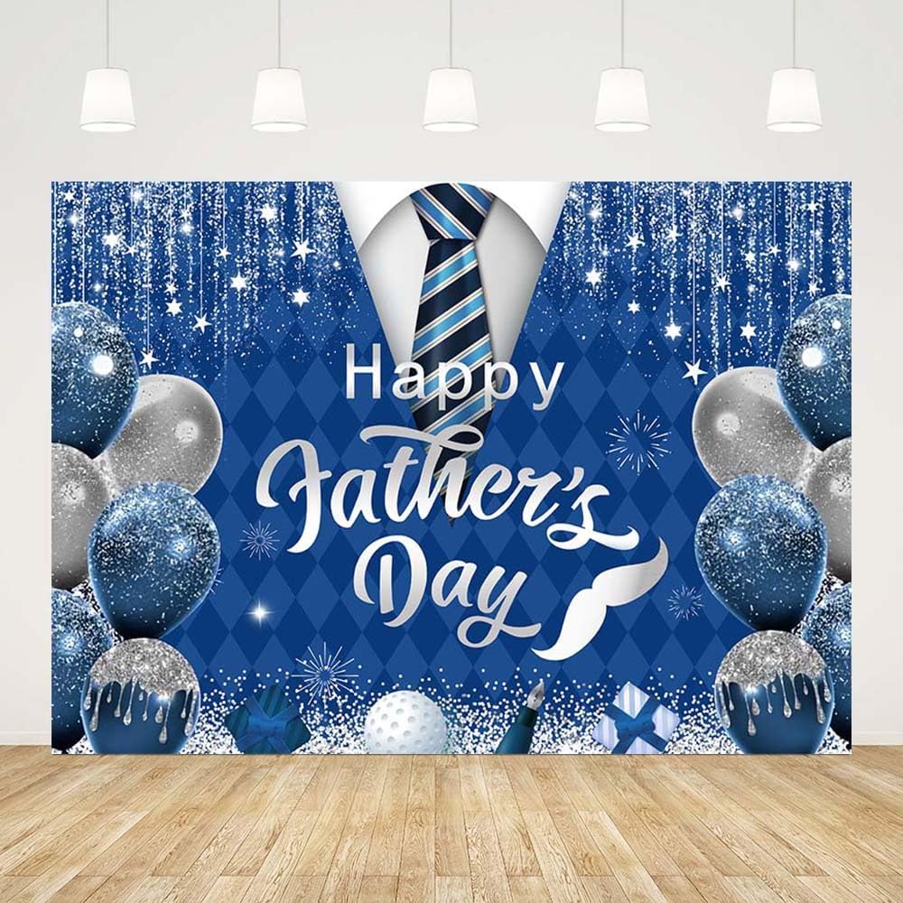 7x5ft Happy Father's Day Backdrop for Photography Blue Silver Glitter I Love You Dad Background Father's Day Tie Balloon Party Decorations Banner
