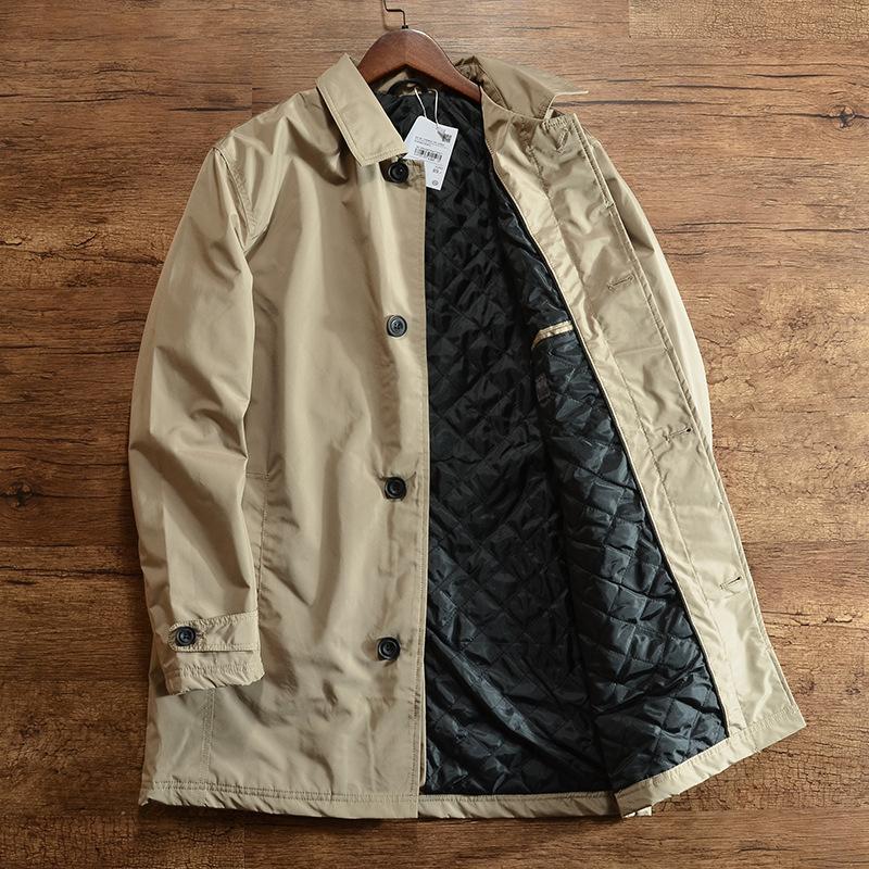 Men's Winter Simple Windbreaker Cotton Jacket Medium Length Lapel Trench Coat Causal Button Up Top