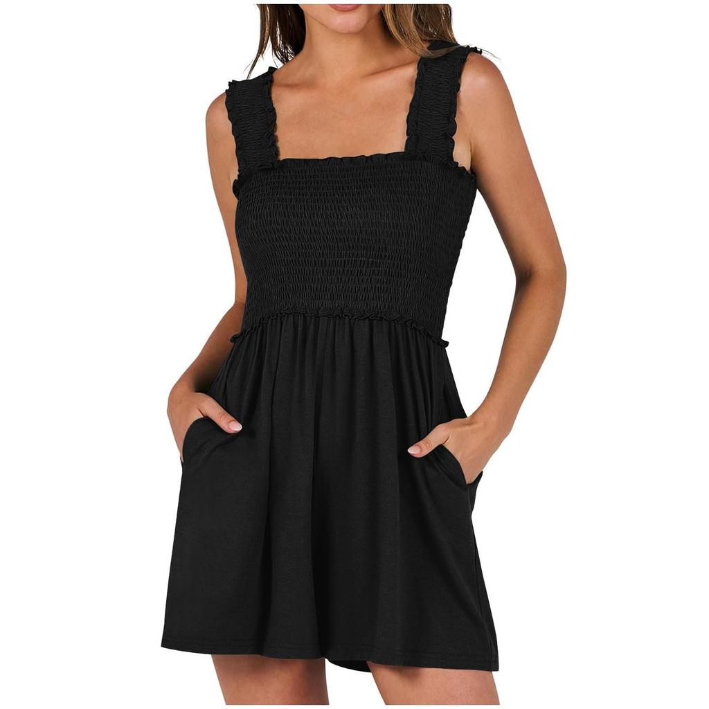 Women's Summer Rompers Square Neck Sleeveless Smocked Dressy Casual Romper Dresses Beach Outfits With Pockets