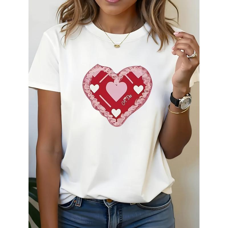

European Size Women s Valentine s Day Love Heart Print Short Sleeve T-Shirt, Soft Breathable Crew Neck, Regular Fit Casual Top, Spring Summer Fall 4XL
