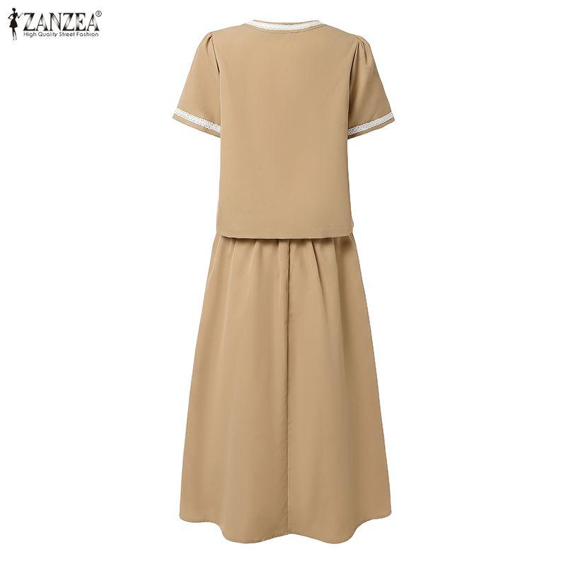 ZANZEA Bluză cu mânecă scurtă și fuste lungi pentru femei Seturi de costume casual din două piese