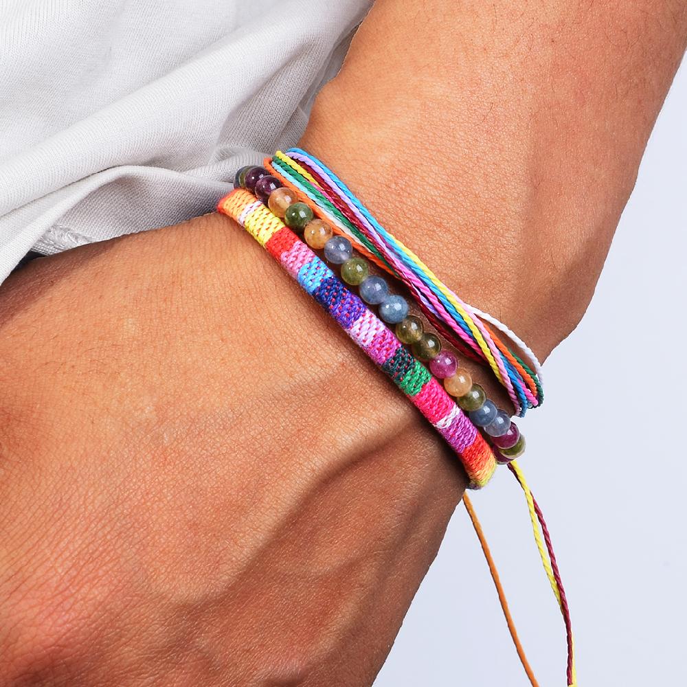 3pcs/set Men's Braided Bracelet Set, Natural Stone Couple's Bracelet, Bohemian Ethnic Cotton and Linen Hand-woven Bracelet