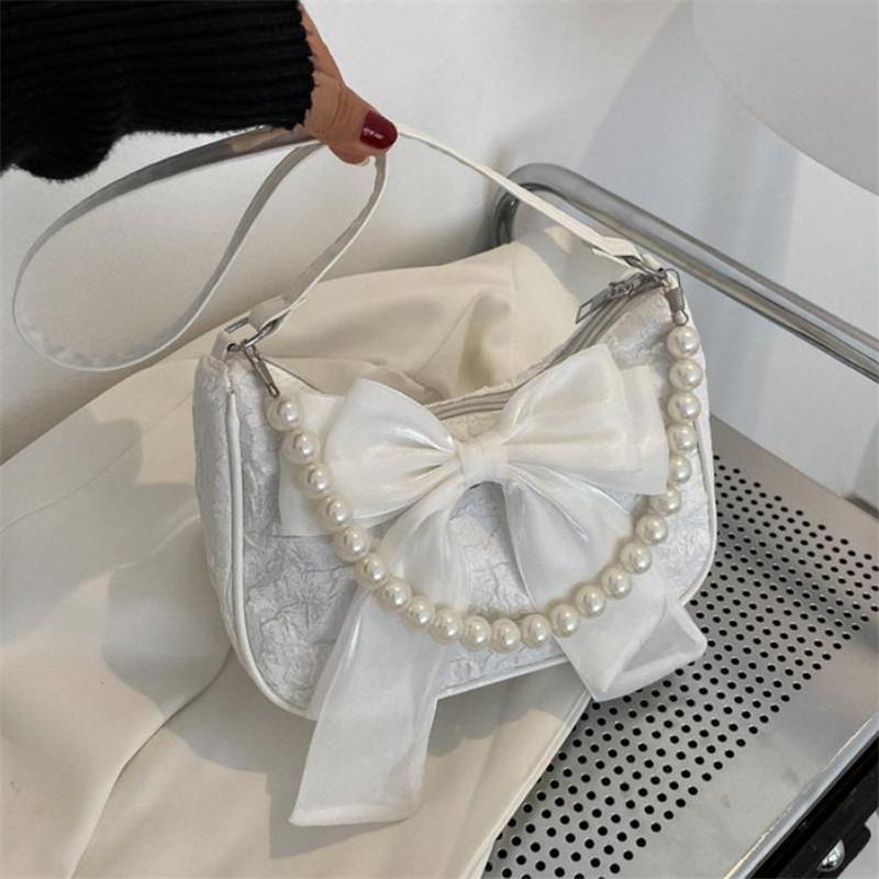 Summer Chic Bow Pearl Handbag, Stylish Ladies Messenger Shoulder Bag, Suitable for Women's Outdoor Travel Beach Party Daily Use.