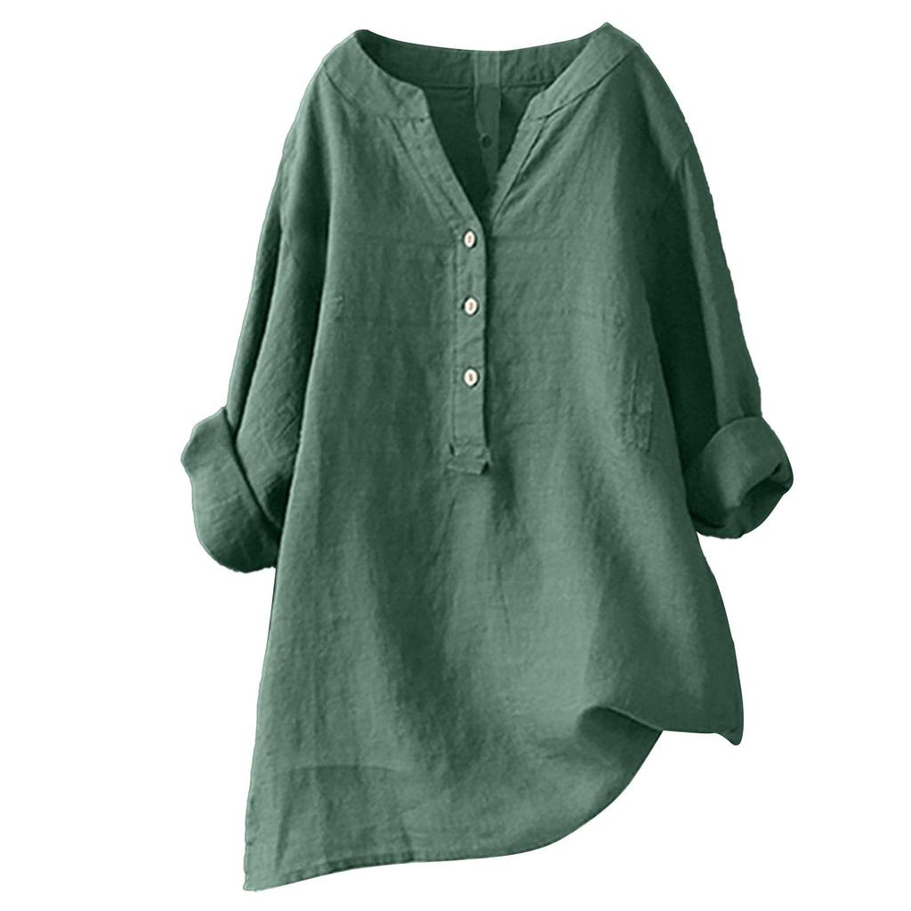 Women Cotton and Linen Top Button Down Blouse Ladies Tops Stand Collar Solid Women's Blouse Long Sleeve Casual Shirt Loose Tops