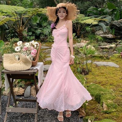 Nueva Falda de Peto Rosa para Vacaciones en la Costa, Ropa de Verano y Primavera con Temperamento para Mujer, Falda Larga con Flores en la Cintura y Cola de Pez.