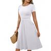 Women's Casual Fashion Round Neck Pleated Short Sleeve Solid Color A-Line Midi Dress