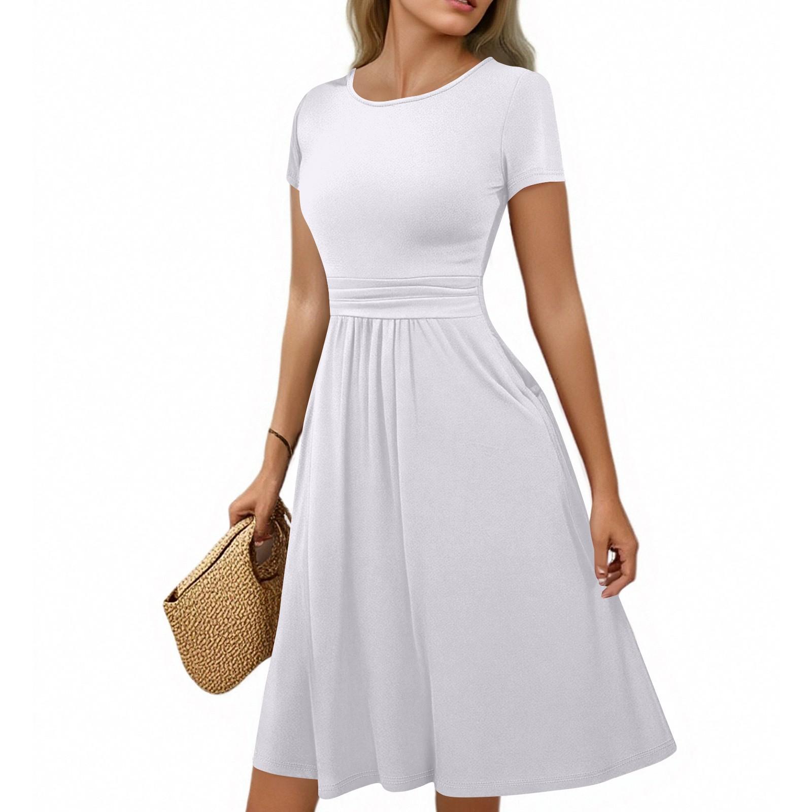 

Women s Casual Fashion Round Neck Pleated Short Sleeve Solid Color A-Line Midi Dress S білий
