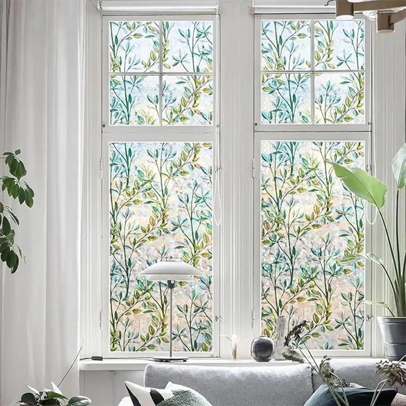 Window Privacy Film, Green Vines Leaves Double Sided Static Glass Window Clings Stickers for Home Office Glass Window Door Decor