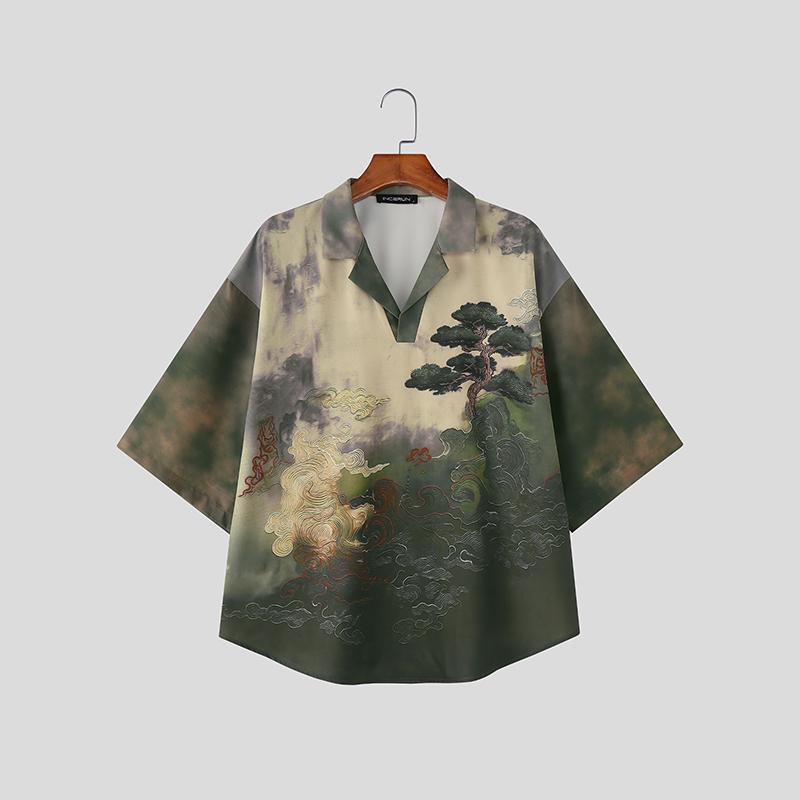 INCERUN Summer Men Lapel Neck Short Sleeve Buttons Up Print Casual Shirts M