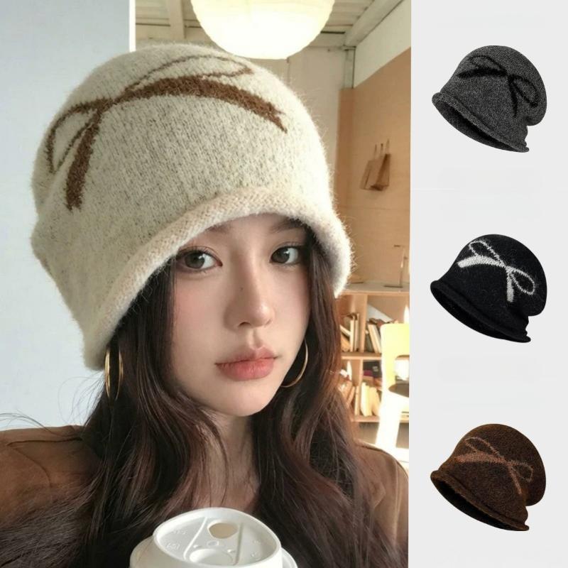 Cute Bow Pattern Knitted Slouchy Beanie Soft Warm Big Head Friendly Cozy Hat for Girls Autumn Gift Option