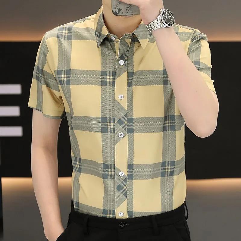 

Summer Men s Ice Silk Plaid Short Sleeve Casual Shirt M