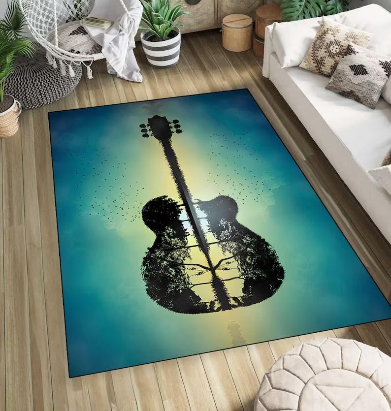 Train Guitar Pattern Carpet Guitar Enthusiasts Home Decoration Creative Guitar Elements Carpet Living Room Bedroom Warmth Rug