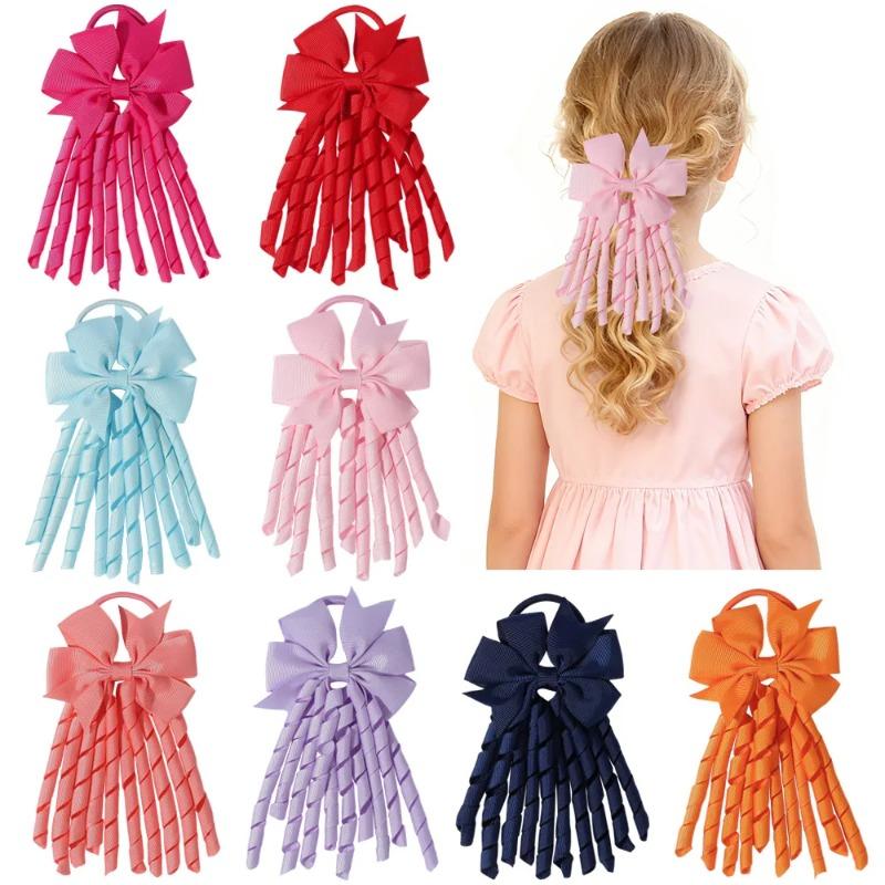 Ribbon-Tassel Hairbands Popular Sweet Cute Rainbow Curly Ribbon Double Ponytail Holder Baby Girls Rubber Bands Hair Accessories