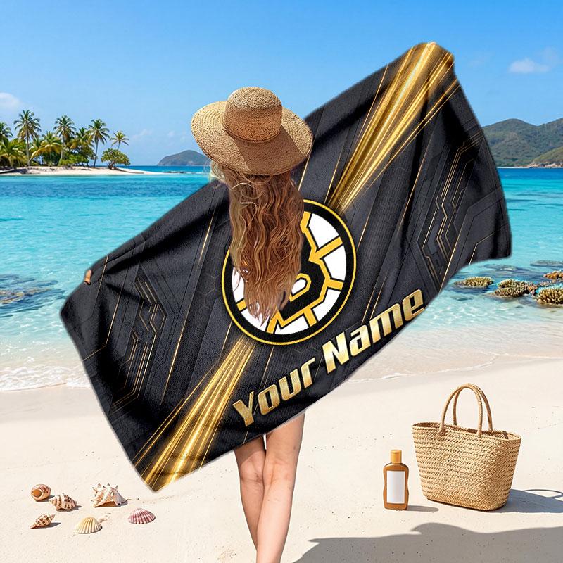 Boston Bruins Customized Name Text Beach Towel, Soft Absorbent Towel Beach Pool Travel Personal Gift