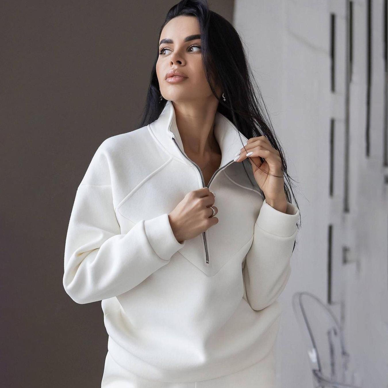 Женский однотонный длинный рукав воротник-стойка толстовка костюм осень зима свободный — фото 12