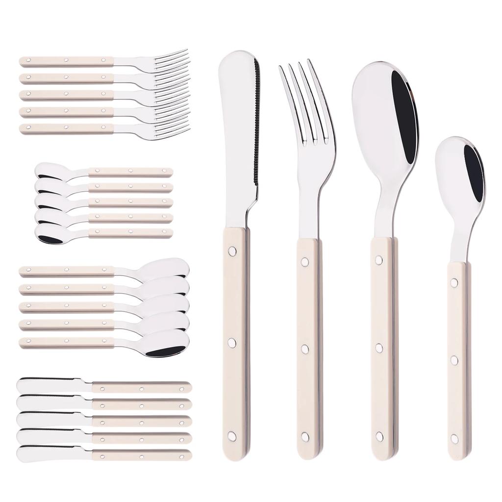 Beige Silber 4/16/24-teiliges Geschirr Acrylgriff Messer Gabel Löffel Set Edelstahl Besteckset Abendessen Küche Tafelbesteck