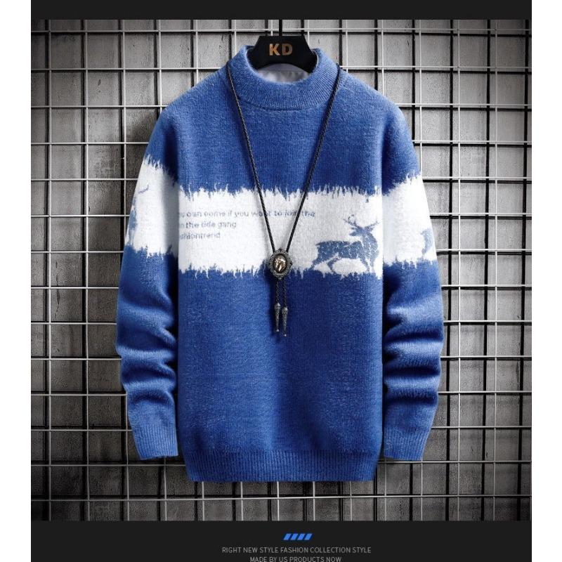 Herrvit polotröja med svart hjorttryck Långärmad Casual stickad topp