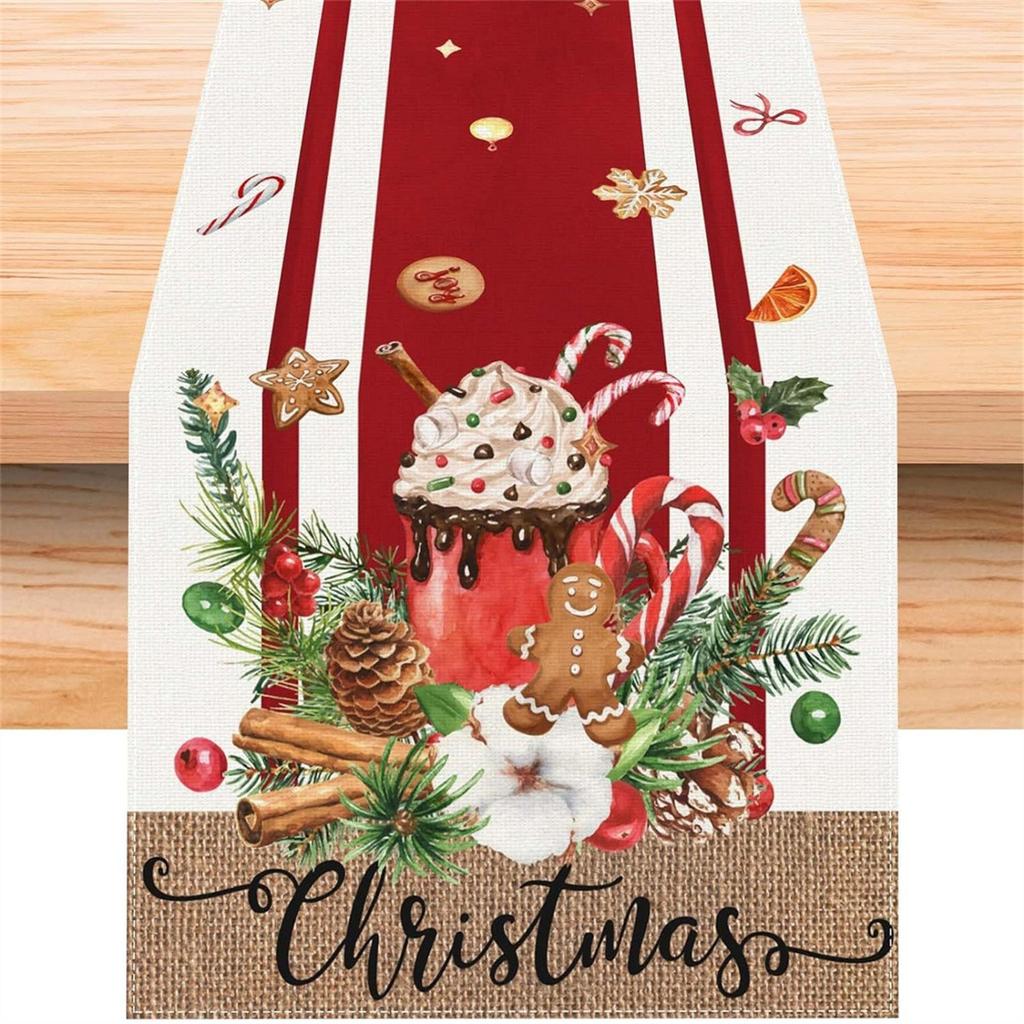 Merry Christmas Table Runner Snowman Pattern Table Cloth Reusable Xmas Table Decor