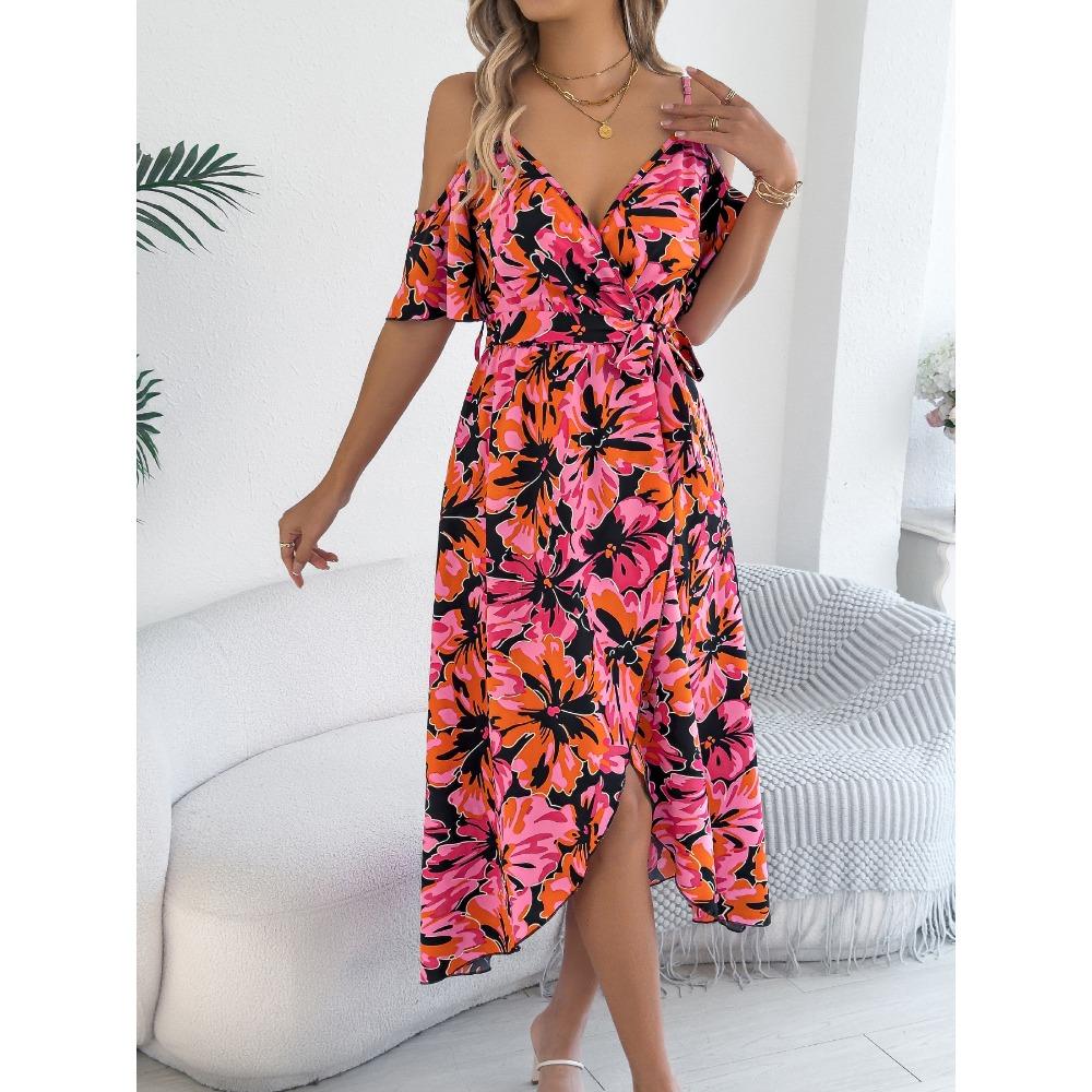 Spring Summer Strapless Cross V Neck Floral Halter Long Holiday Dresses Women