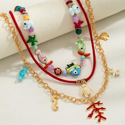 Beach Wind Ocean Elements Ceramic Small Fish Elephant Red Coral Sea Turtle Pendant Colorful Beaded Necklace
