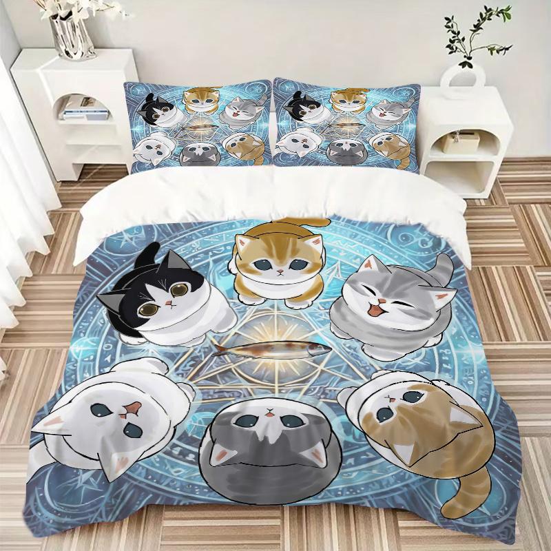 3pcs Six Cute Kittens Quilt Set - Soft and Comfortable Bedroom, Guest Room and Dorm Decor Bedding Set 1 Quilt Cover + 2 Pillowcases.L096