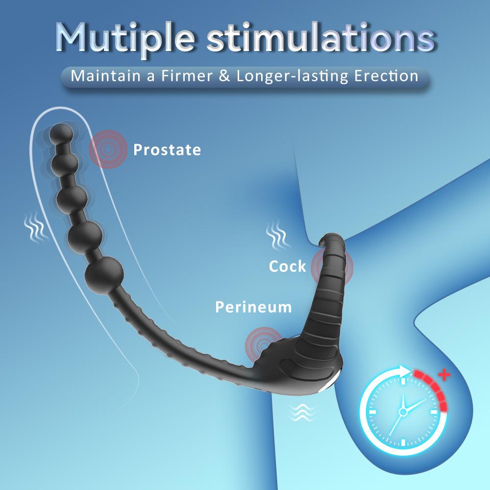 10-Speed Vibrating Wireless Remote Control Anal Beads Prostate Massager with Cock Ring, Silicone Male Adult Sex Toy, USB Magnetic Charging, Black