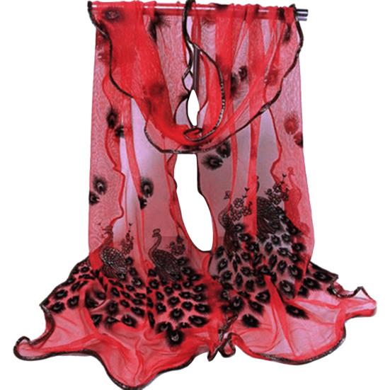 Women Fashion Peacock Flower Embroidered Lace Scarf Long Soft Wrap Shawl Stole