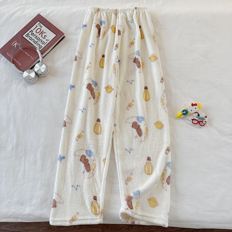 Hello Kitty Coral Fleece-Lined Flannel Pajama Pants for Women - Warm Autumn/Winter Style